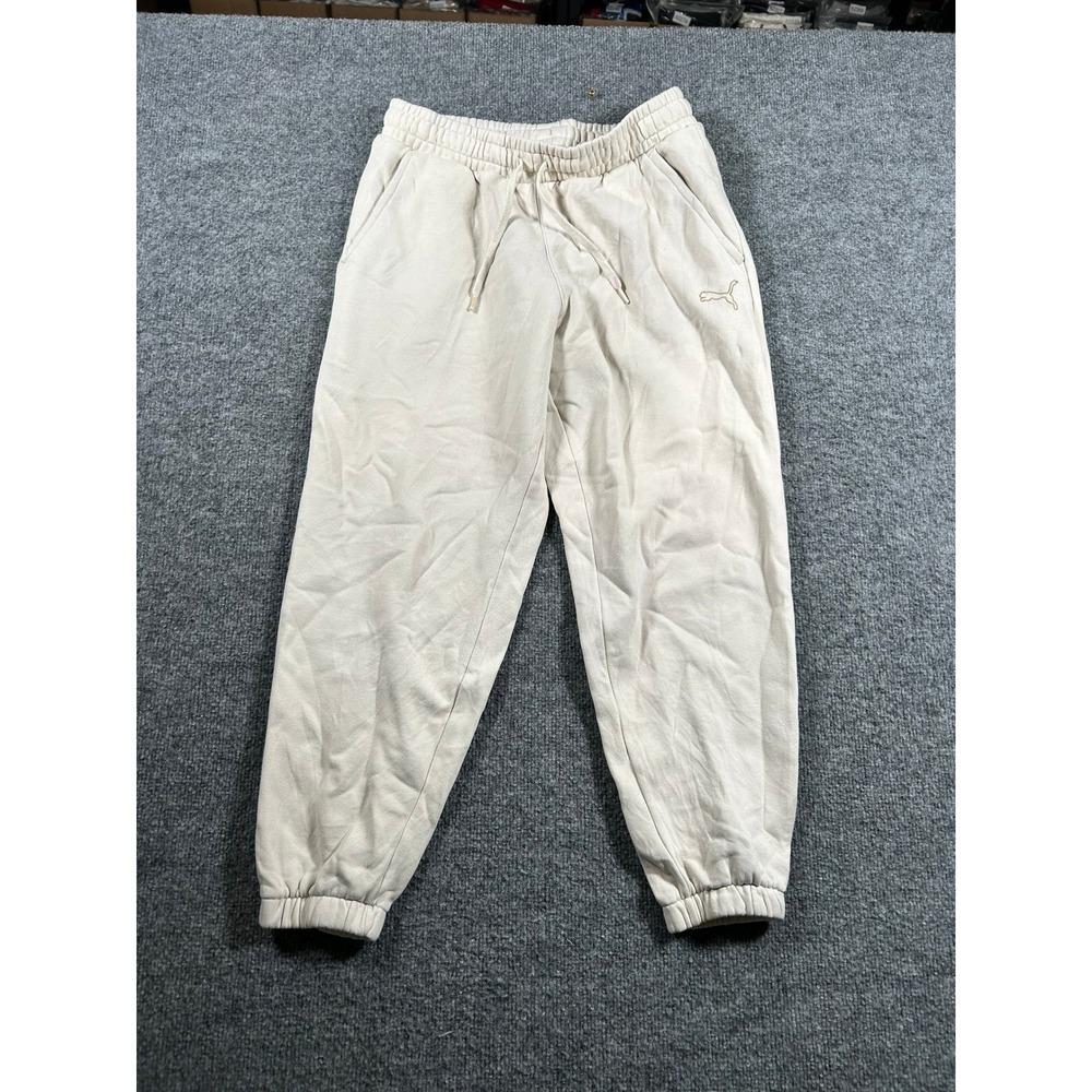 Puma Joggers Womens Size M Beige Cotton Blend Fleece Elastic Waist Sweatpants